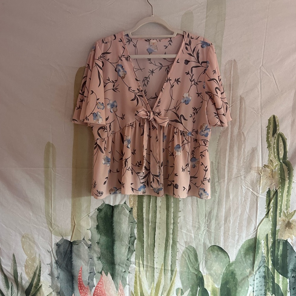 Floral and Blush Deep V Tie Front Blouse